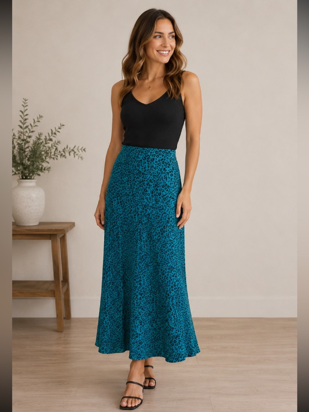 Mi Ami women's XS turquoise black animal print midi slip skirt EUC